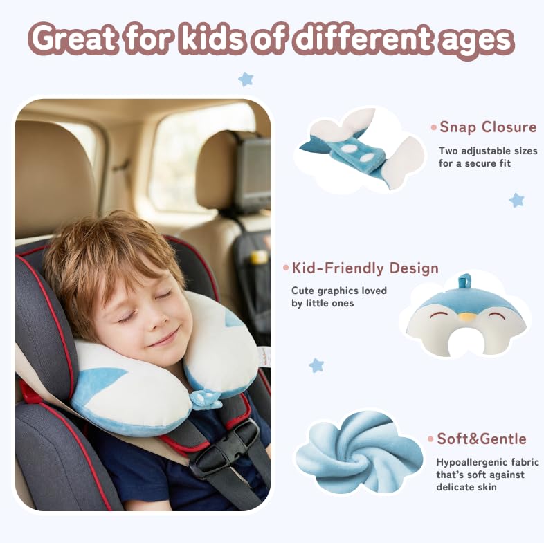 Image of Kids Travel Neck Pillow for Ages 3-8, Memory Foam, Removable Cover, Penguin