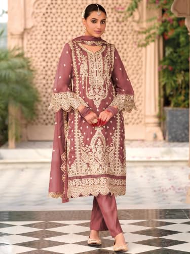 Image of INDO ERA Women's Straight Organza Ethnic Motifs Embroidered Kurta & Pant With Dupatta Set (KH9YL10613)
