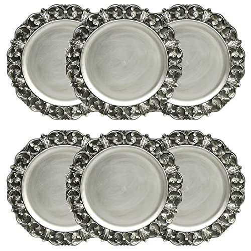 Leemxiiny 13" Antique Silver Charger Plates, Set Of 6 Plastic Textured Chargers For Dinner Plates With Embossed Rim, Table Décor, Party, Wedding, Holiday #TOP5