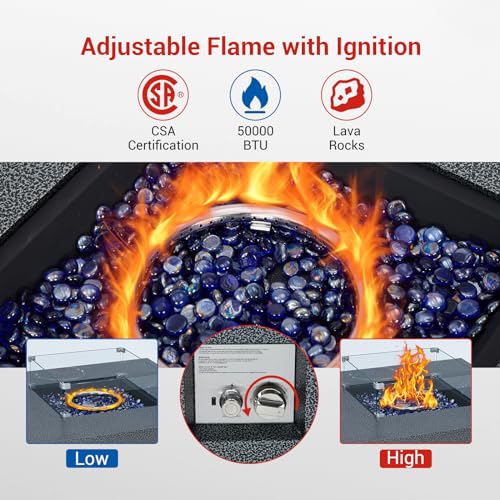 36 in Outdoor Propane Gas Fire Pit Table, 50000BTU Iron Gas Firepit Table w 16 in Tank Cover, Wind Guard, Removable Lid, Blue Fire Glass, Rain Cover, CSA Certified Firepit Set for Outside