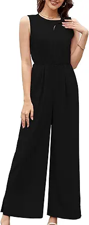 Gardenwed Women's Sleeveless Wide Leg Jumpsuit, Elegant Side Split High Waist Palazzo Pants Romper with Pockets Button Detail