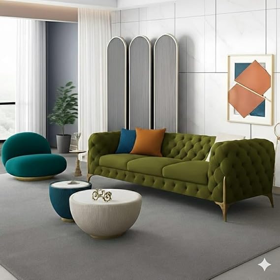 Image of A to Z Furniture Modern Classic Fabric & Valvet Tufted Chesterfield Sofa Living Room and Office (3+1= 4 Seater Sofa Set with Footrest Olive Green)