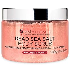 PraNaturals Körperpeeling mit Salz aus dem Toten Meer 500g – Feuchtigkeitsspendend & pflegend, Natürlichen Ölen & Mineralstoffen, keine Parabene, vegan, frei von Tierversuchen (Pfirsiche und Honig)