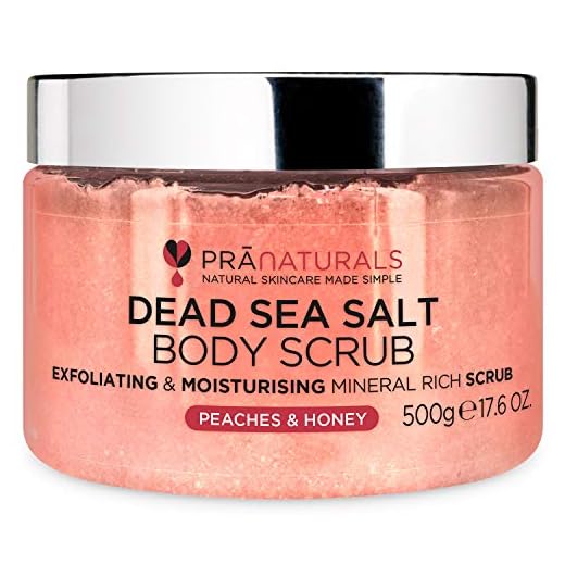 PraNaturals Exfoliante de Sal del Mar Muerto con Melocotón y Miel 500G – Para una Piel Suave, Hidratada y Nutrida, Dulce Fragancia Frutal, Rico en Aceites y Minerales Naturales, Sin Parabenos y Vegano