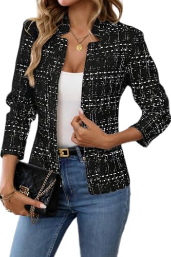 ELLEVEN Womens Blazer Business Casual Suit Jacket Tweed Blazers for Women Slim Fit Fitted Long Sleeve Stand Collar Blazer Dressy Full Lining Coat Cardigan with Padded Shoulder Black Large