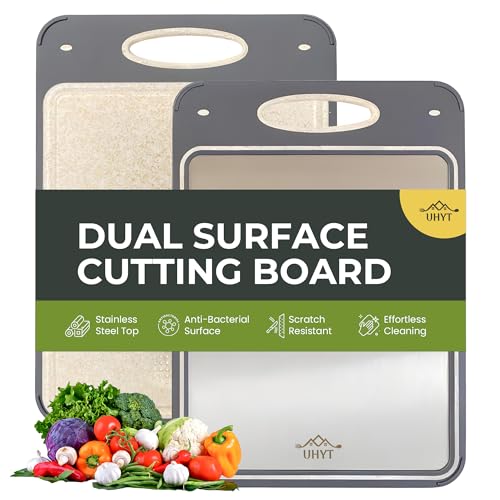 UHYT 2 in 1 Cutting Board | Double Sided Stainless Steel Chopping Board with Wheat Straw PP | Large Size Non Toxic Food-Grade Kitchen Board for Meat & Vegetables with Built in Garlic Grinder (1Pc)