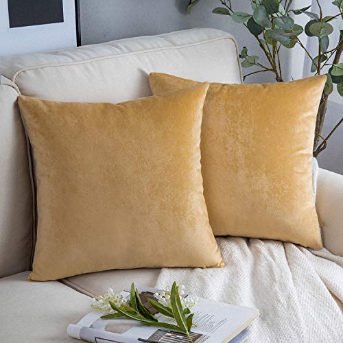Phantoscope Pack of 2 Velvet Decorative Throw Pillow Covers Soft Solid Square Cushion Case for Couch Khaki 18 x 18 inches 45 x 45 cm