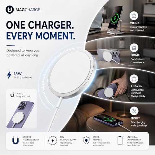 Image of Magnetic Wireless Charger for iPhone, 15W USB-C MagSafe Fast Wireless Charging Pad, Qi Compatible with iPhone 16 /16 Pro /16 Pro Max /16 Plus, 15 /14 /13 /12 Series (White)