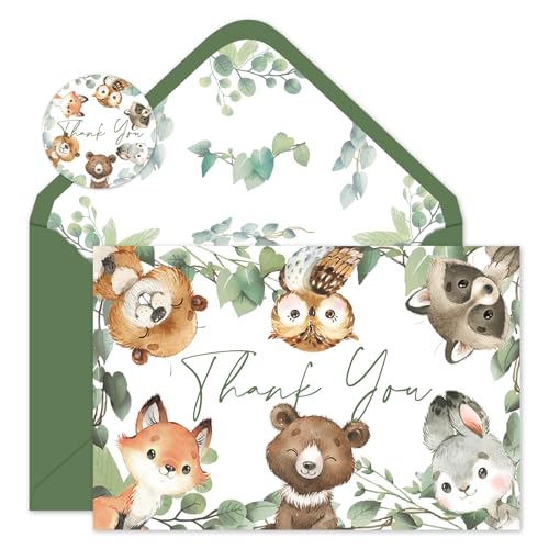 Whaline 24 Pack Woodland Thank You Cards Bulk Forest Animal Note Cards with Envelopes Stickers Cute Greeting Blank Cards for Baby Shower Birthday