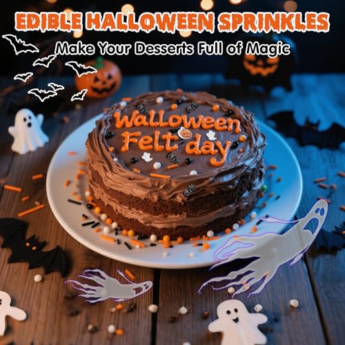 Image of Edible Pumpkin Sprinkles,130g,Cake Decorations,Orange Pearls Mix White Ghost,Black Bat Monster,Pearls and Jimmies Mixed,Spooky Sprinkles Perfect for Cake Decorations,Creepy-Cute Toppings,Baking,Ice Cream, Cookies, Cupcake Topper,Kids Birthday Party Supplies
