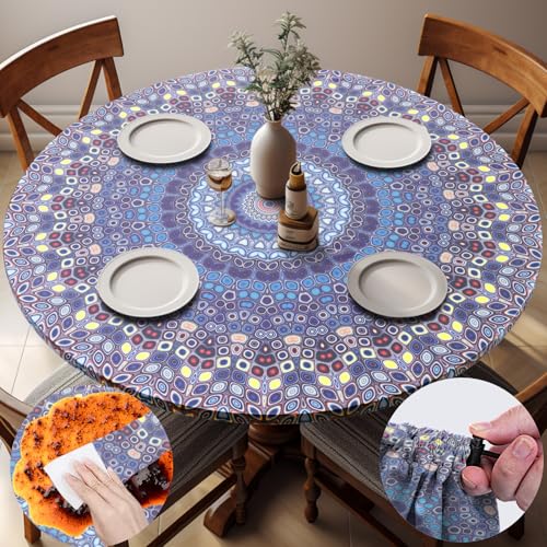 Fitted Vinyl Round Tablecloth for 36-44" Table Boho Waterproof Reusable Summer Fall Tableclothes Campers Inside Outdoors Supplies Dining Room Kitchen Needs White Elephant Gifts