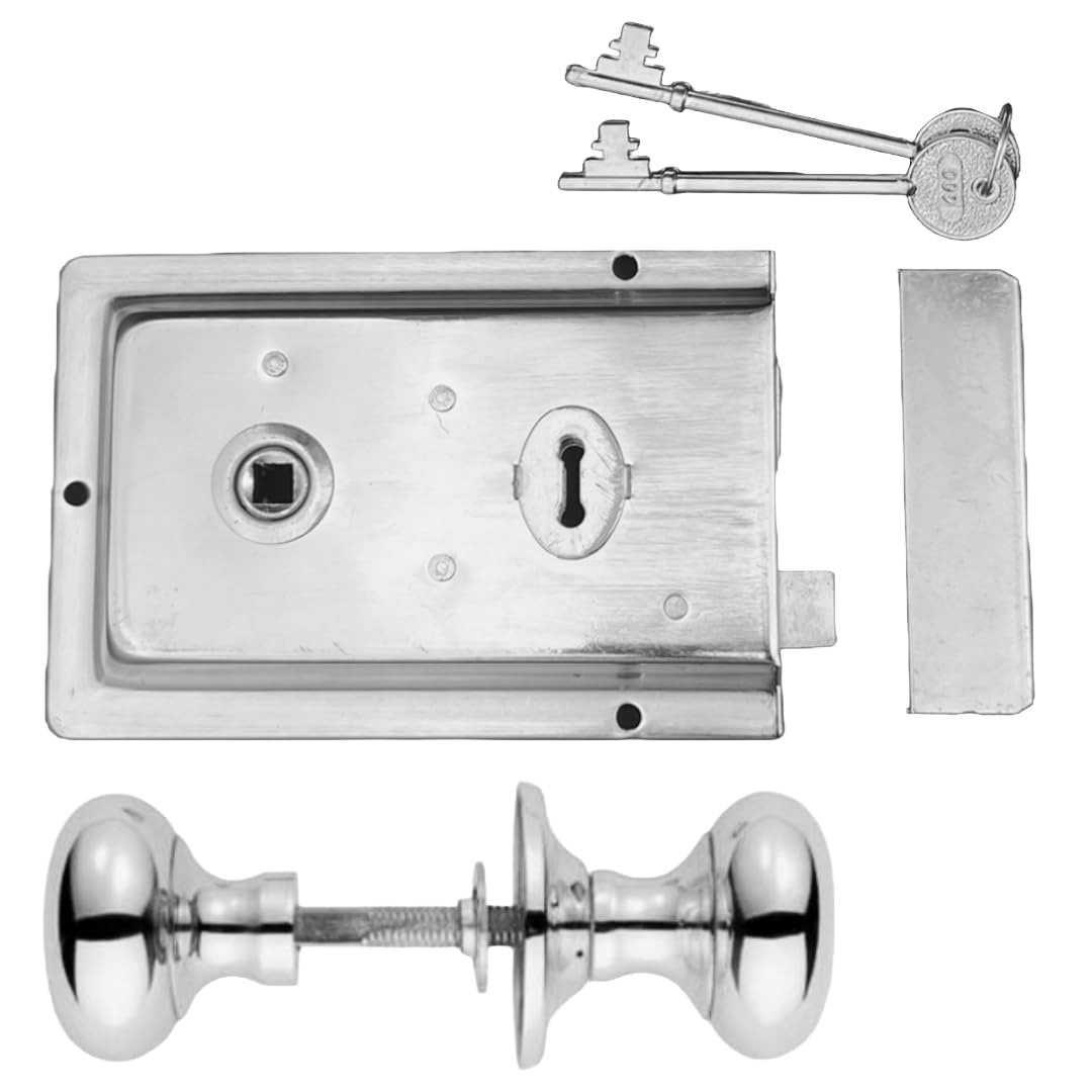 Fluted Rim Lock and Rim Door Knob, 6" X 4", Chrome Polished Old Vintage Victorian Style Knobs