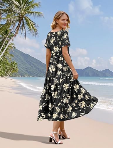 Image of YESNO Women's Summer Maxi Dresses Casual Floral Short Sleeve V Neck Boho Beach Vacation Swing Dress with Pockets EVF