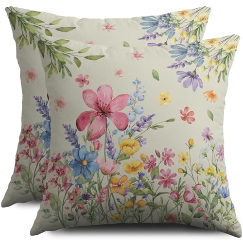 Spring Floral Pillow Covers 20X20 Set of 2, Pink Blue Yellow Gree...