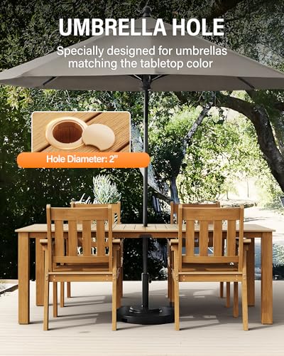 Image of YEFU HIPS Patio Table Set: 5 Piece Outdoor Table and Chairs Dining Furniture Set with Umbrella Hole - Teak Modern Plastic Dining Sets 4 Person for Outside Deck with Metal Aluminum Frame
