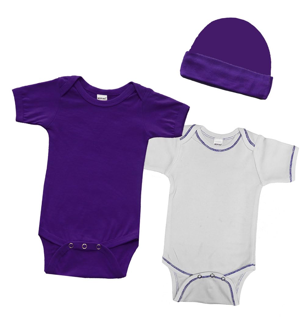 Monag Purple baby Bodysuits and Cap Gift Set, Newborn Purple Gift Set, 3 piece Baby Gift Set (White/Purple, 6-12M)