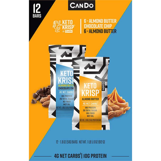 CanDo Keto Krisp Almond Butter Bars, Variety Pack, 1.8 oz, 12 ct (6-Almond Butter Chocolate Chip, 6-Almond Butter)