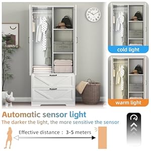 Armoire wardrobe closet with mirror door and 2 drawerfarmhouse bedroom armoire cabinet with hanging rod and lightwooden wardrobe cabinet closet with adjustable shelf for bedroom  urban country home decor