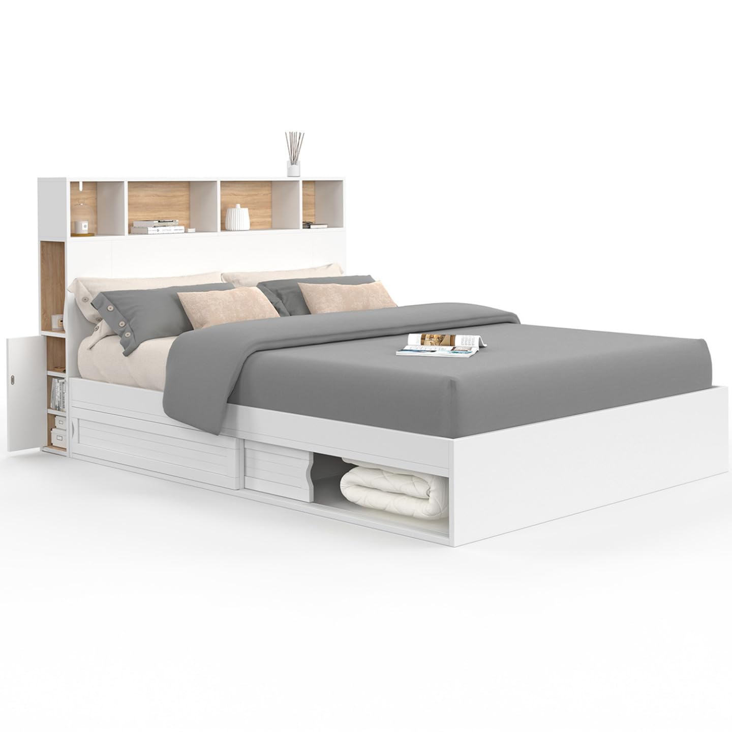 IDMarket - Lit Double Clem avec tête de lit, rangements et sommier 140 x 190 cm Blanc