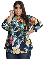9 Impression Women Navy Blue Floral Print Mandarin Collar Pintucks Plus Size Top (5XL)