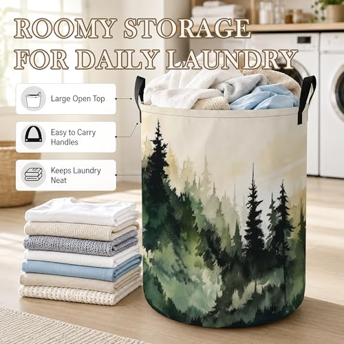 Image of Misty Forest Laundry Basket Oxford Cloth Laundry Hamper With Handle Foldable Portable Clothes Storage Basket Storage Bag For Laundry Room /Bathroom /Bedroom /Dormitory 20.8 inchx16 inch