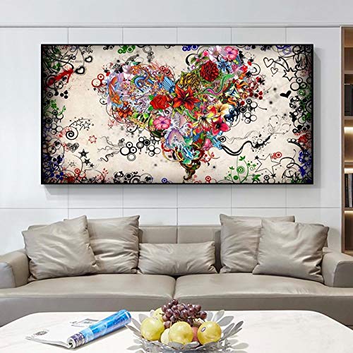 Coeurs Fleurs Peintures sur Toile pour Habiller un Grand Mur Vide de Chambre Parentale