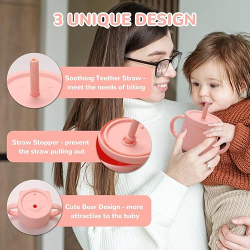 Image of Moonkie Silicone Baby Cups with Straw and Lid for Snacks, 8.5 oz Spill-Proof Sippy Cups, Training Cup for Toddlers Ages (Blue 2 in 1)
