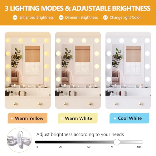Image of Wodeer Makeup Vanity Desk with Mirror and Lights, 43 inch White Vanity Set with 3 Drawers, Power Outlet & Adjustable RGB LED Lights, Dressing Table with Storage Shelf for Women & Girls Bedroom