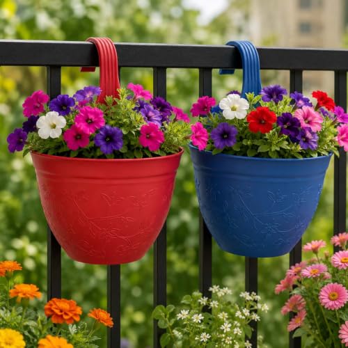 Image of Go Hooked Hanging Planter Pots for Balcony Railing Pack of 2 | Small Plastic Victor Hook Flower Pots for Fence, Grill & Balcony (Multicolor, 16.5x9x19 cm) | Decorative Planters for Home Garden Decor