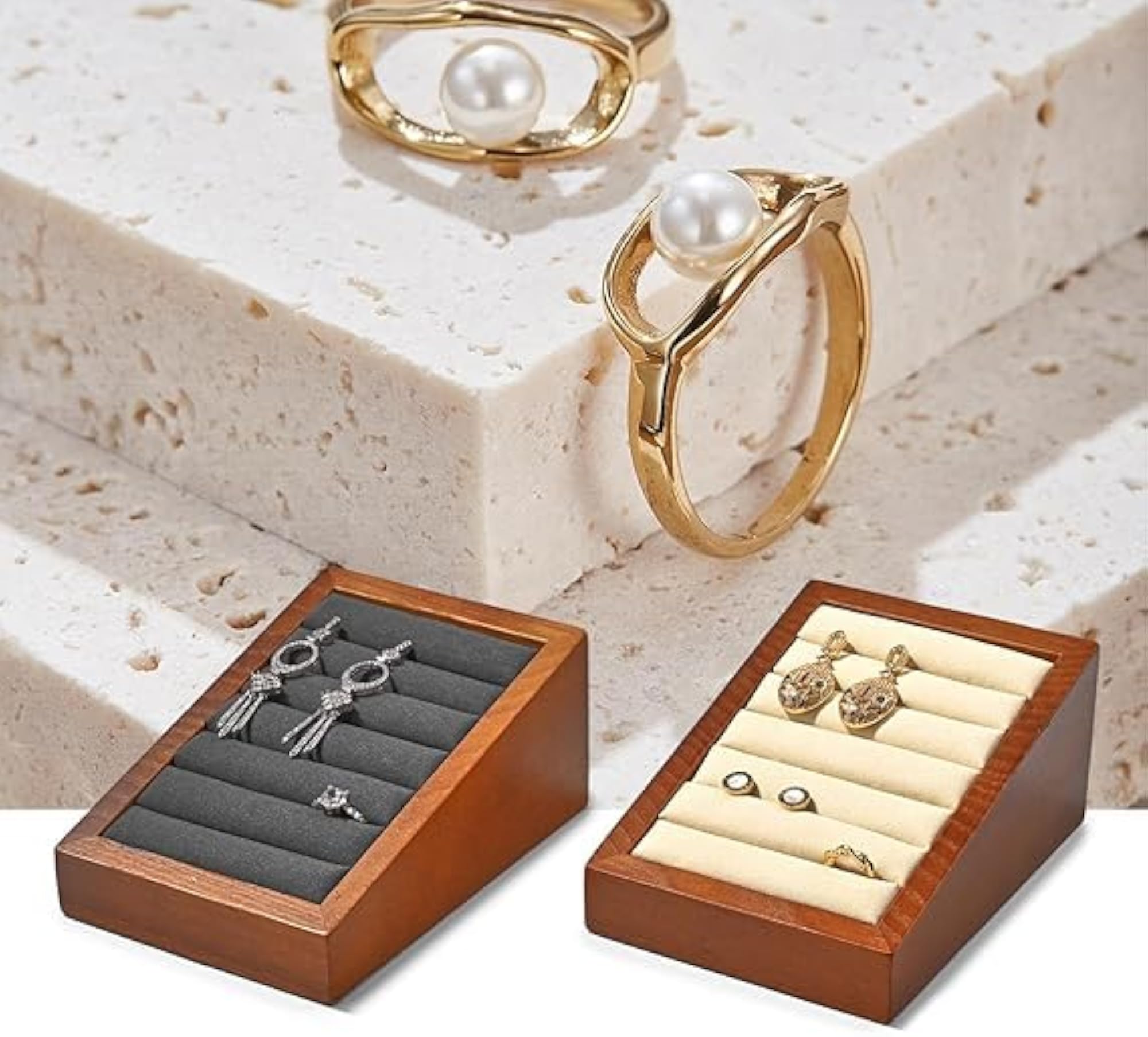 Wooden Ring Display Tray with Velvet Insert
