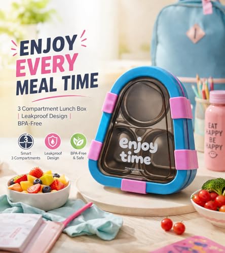 Image of Triangle Bento Lunch Box for Kids | Leakproof 5-Lock Food Storage Container with 3 Compartments | BPA-Free Reusable Tiffin Box for School, Office & Travel (3 Compartment)