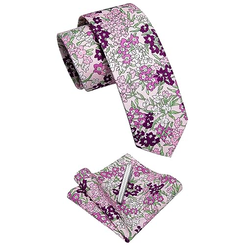 Image of YourTies Cotton Floral Tie for Men 2.5 inch Printed Skinny Necktie Pocket Square Tie Clip Set Flower Wedding Party Groom