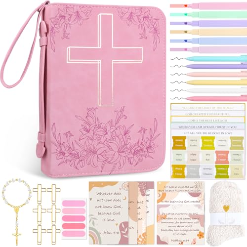 MOVINPE Bible Cover Case Gift Set for Women Girls Mom Large Pink Bible Bag with Bible Tabs Highlighters Gel Pens Bookmarks Rosary Gold Cross Paper Clips & Fuzzy Socks Easter Christian Gift