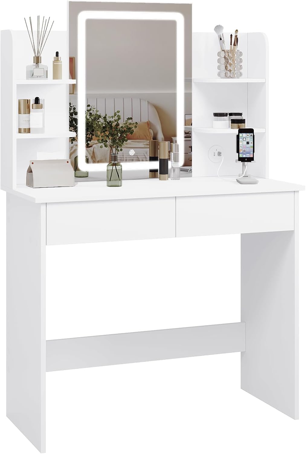 WOLTU Dressing Table, Vanity Desk with Dimmable LED Lights, Mirror