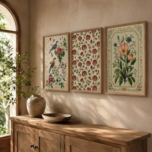 Image of Artify Set of 3 Vintage Bird Floral Wall Paintings for Living Room Dining Bedroom Decor with Premium Wooden Color Synthetic Frame