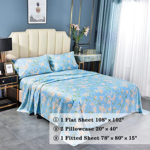 Image of JSD Blue Floral Printed King Sheet Set Extra Deep Pocket | 4 Piece Soft Botanical Microfiber Sheets, OEKO-TEX Certified, Easy Care