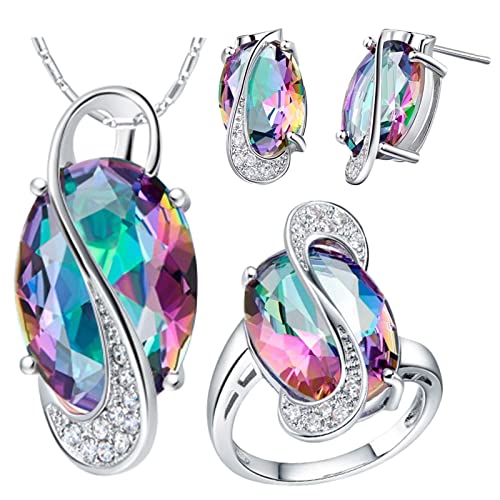 Seven Rainbow Zircon Mujeres Moda Tendencia Diamante Completo Zircon Anillo Pendientes Collar Conjunto de Joyas Anillos Moda Collares Moda Paseo Conjuntos (Multicolor, 10) Cover