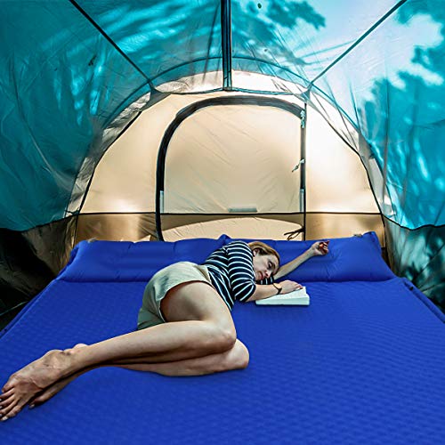 YOUKADA Sleeping-Pad Foam Self-Inflating Camping-Mat for Backpacking Sleeping Pad Double Sleeping Mat Camping Pad 2 Person Camping Mattress with Pillow for Hiking Camping Gear(Blue, Large)
