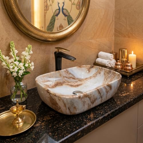 Image of Ceramic Tabletop Wash Basin - Glossy Rectangular Countertop Vessel Sink with Marble Finish for Bathroom & Vanity | Compact 18 x 13 x 5 Inch | Elegant Washbasin