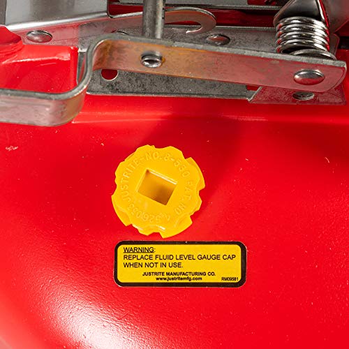 Image of Justrite 14265 Polyethylene Safety Liquid Disposal Can with Stainless Steel Hardware and Built-in Fill Gauge, 2 Gallon Capacity, Red