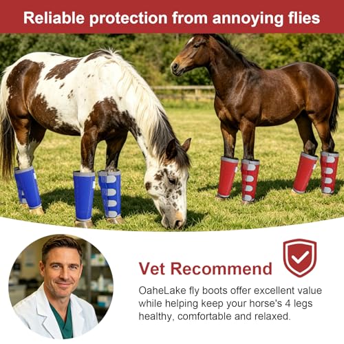 Image of Reflective Horse Fly Boots Set of 4, Loose Fitting Leggings for Horses, Equine Fly Leg Wraps Socks for 4 Legs, Breathable Adjustable and Universal Fit, Reliable Stay Put and on (Red)
