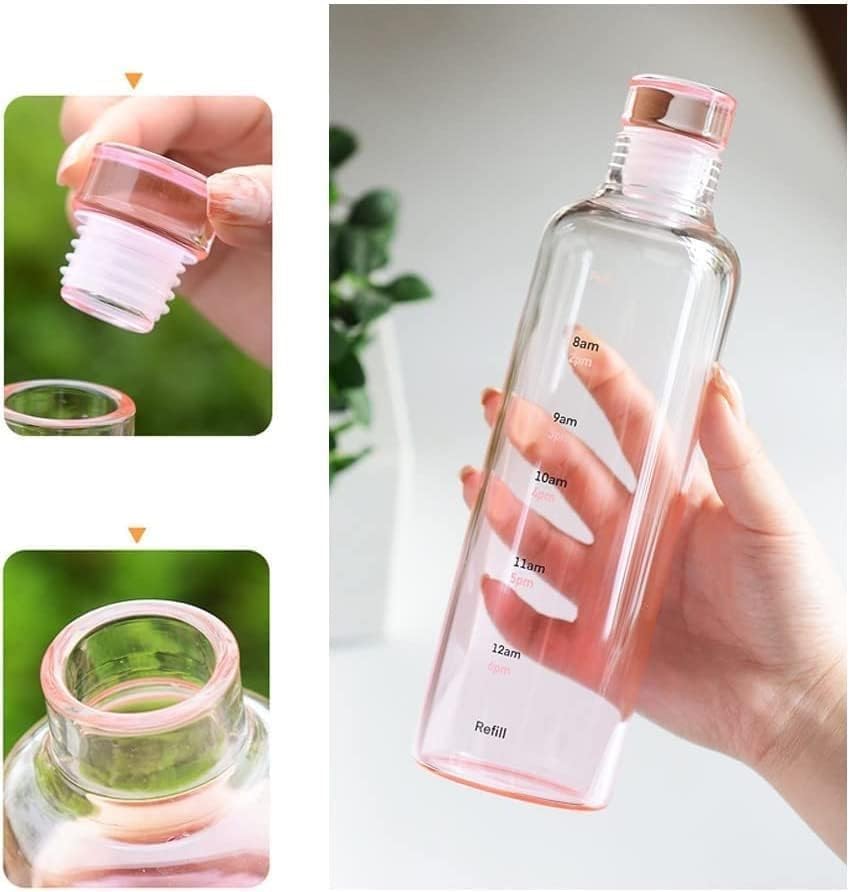 Image of Borosilicate Glass Water Bottle with Cap 500 ML Leak Proof & Airtight Lid with Time Marker for Home, Office, School, College, Gym, Daily Uses (Multi Color Set of 2)