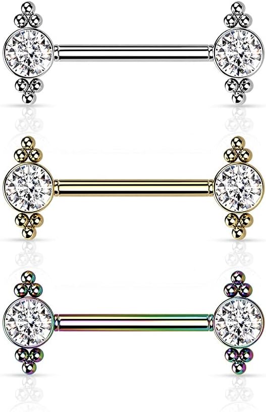 Pierced Owl - 14GA Stainless Steel Threadless Push-in CZ Crystal Center with Ball Clusters Nipple Barbells, Sold as a Pair - Image 3