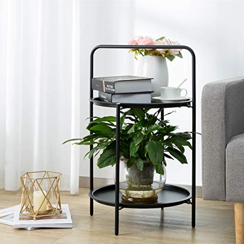 Hollyhome Small Round Metal Tray 2-Tier End Table, Accent Sofa Side Table, Anti-Rust And Outdoor&Indoor Waterproof Snake And Coffee Table, (H) 25.6" X(D) 15.6 ", Black #TOP4