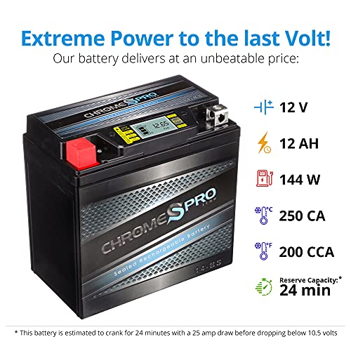 Chrome Pro Ytx14-Bs Igel Maintenance Free Replacement Battery With Digital Display For Atv, Motorcycle, Scooter, Snowmobile, And Utv: 12 Volts, 1.4 Amps, 12Ah, Nut And Bolt (T3) Terminal #TOP2
