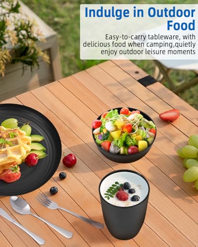 Camping Besteck Set, Camping Geschirr Schwarz, Edelstahl-Besteck, wiederverwendbarer Leichter Becher, spülmaschinenfest mit Becher, Schüssel, Teller und Tasche, Ideal für Outdoor, Picknick und Reisen