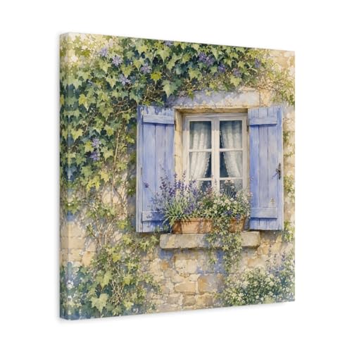 Tableau lavande fenêtre française déco salon toile carrée multicolore 16x16 pouces
