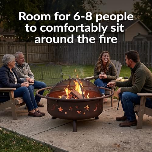 Image of Sunnydaze Cosmic 42-Inch Large Outdoor Fire Pit - Wood-Burning Firepit for Outside Patio, Backyard, Deck - Steel - Wood Grate, Spark Screen, and Fireplace Poker Included - Bronze - 31 inch Bowl Diameter