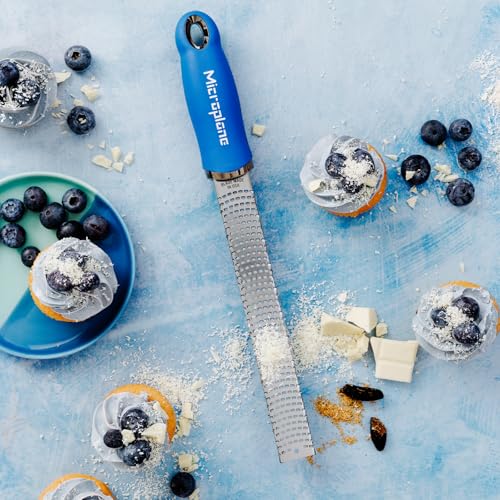 Image of Microplane Vibrant Color Premium Classic Zester Grater in Blueberry Pop | Lemon Zester tool, Cheese & Vegetable Grater | For Citrus, Parmesan Cheese, Garlic, Ginger | Stainless Steel Blade