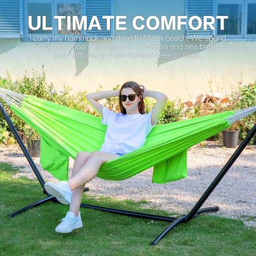 Image of PNAEUT Double Hammocks with Stand for Outside, Portable Space Saving Heavy-Duty Steel Stand for Indoor Outdoor Patio with Carrying Bag, 450 lbs Capacity (Green)
